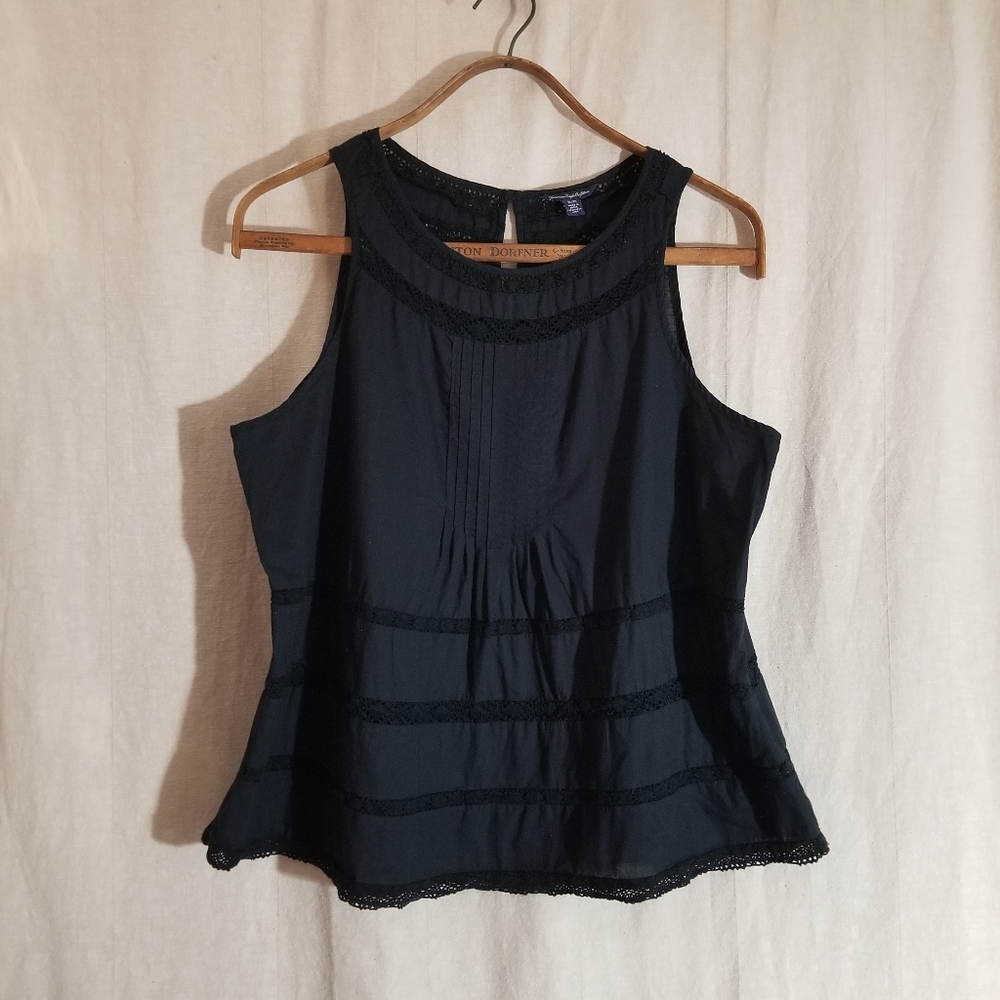 American Eagle Black Cotton Sleeveless Top Tank Pleat Pintuck Lace XL
